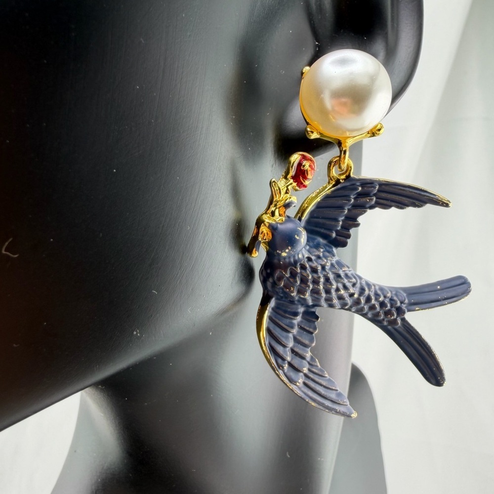 Blue Swallow Pearl Drop Earrings Statement Gold - Picture 9 of 14